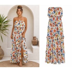 Lush Women’s Large Strapless Floral Tube Top Tiered Maxi Dress Resort Boho